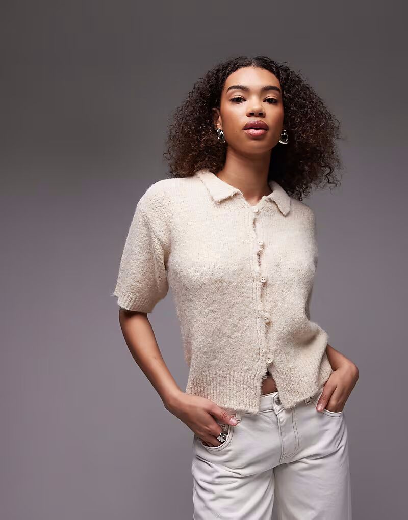 

Рубашка Topshop из шерстяной смеси, застегивающаяся на пуговицы, с усадкой, цвета экрю