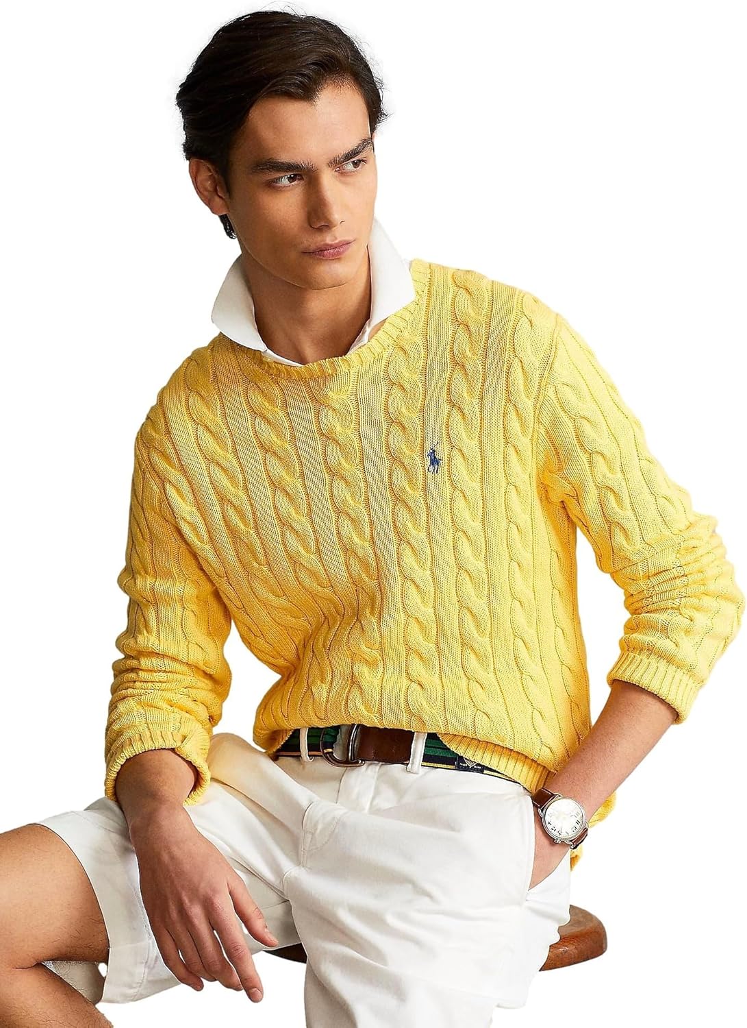 Polo Ralph Lauren мужской свитер из хлопка с косой вязкой, Ralph Lauren Yellow — фото 2