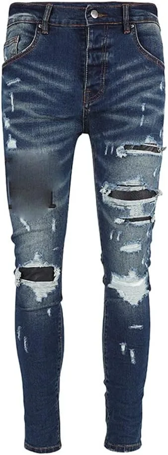 

Мужские джинсы JSEIAJB черные с нашивками и потертостями NSUQOA