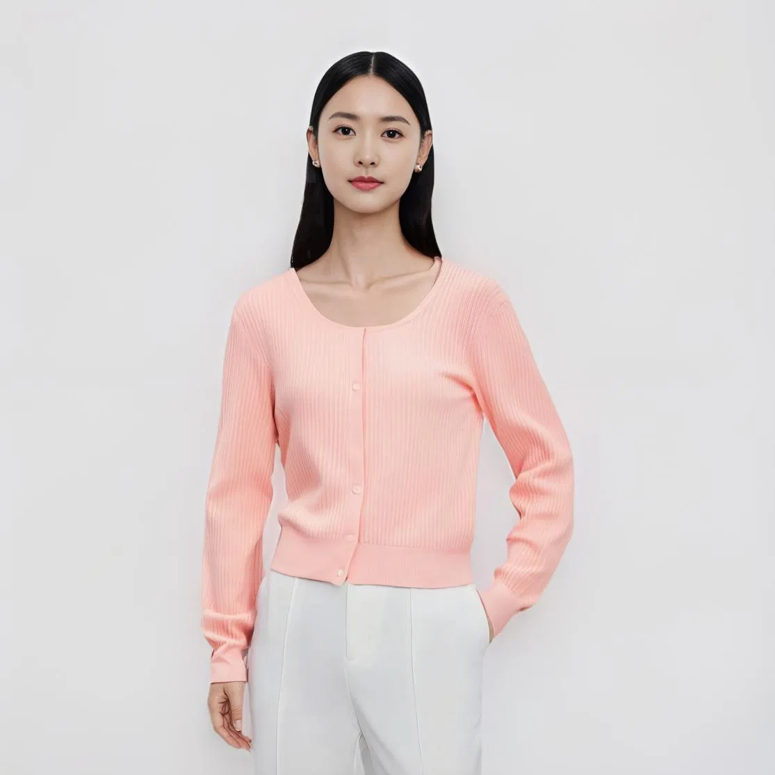 Вязаный кардиган с круглым вырезом UNIQLO розовый — фото 3