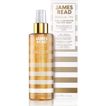 

H20 Осветляющий туман для загара для тела 200 мл Легкий/средний Постепенный самоклеящийся туман с естественным золотым сиянием Розовая вода Спрей для загара для тела Для тумана для освещения тела .. James Read