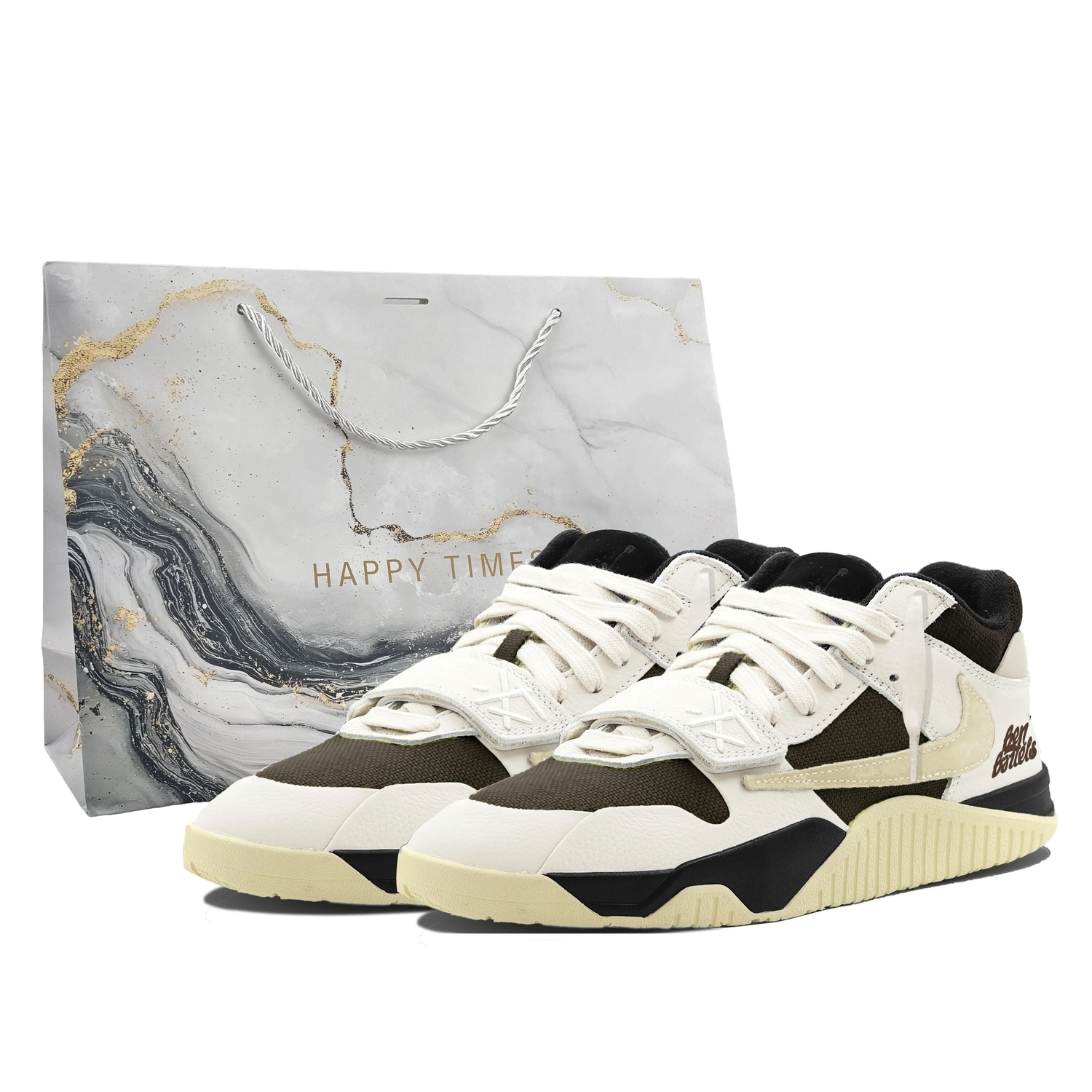 

Трэвис Скотт x Jumpman Jack амортизация износостойкие мид-топ винтажные баскетбольные кроссовки унисекс белый Jordan, экрю