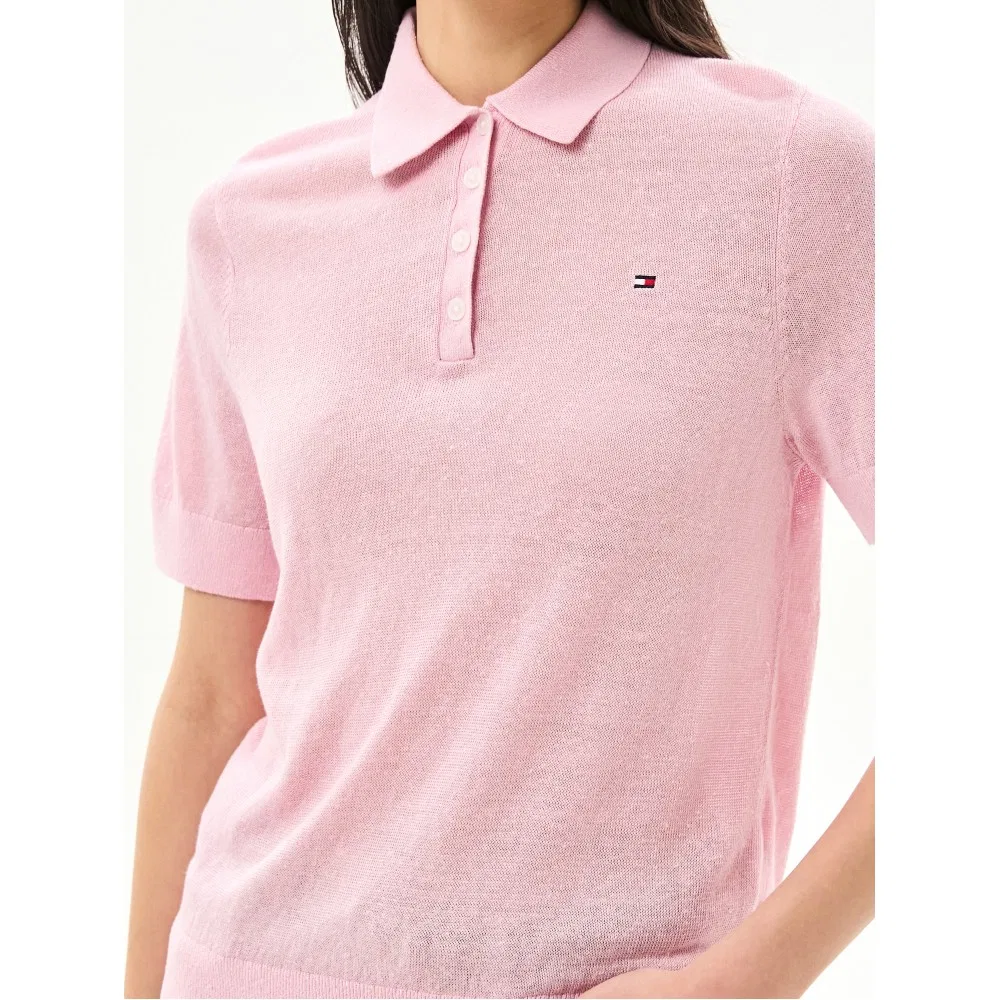 Женский вязаный поло из смесового льна Tommy Hilfiger Women, розовый — фото 4