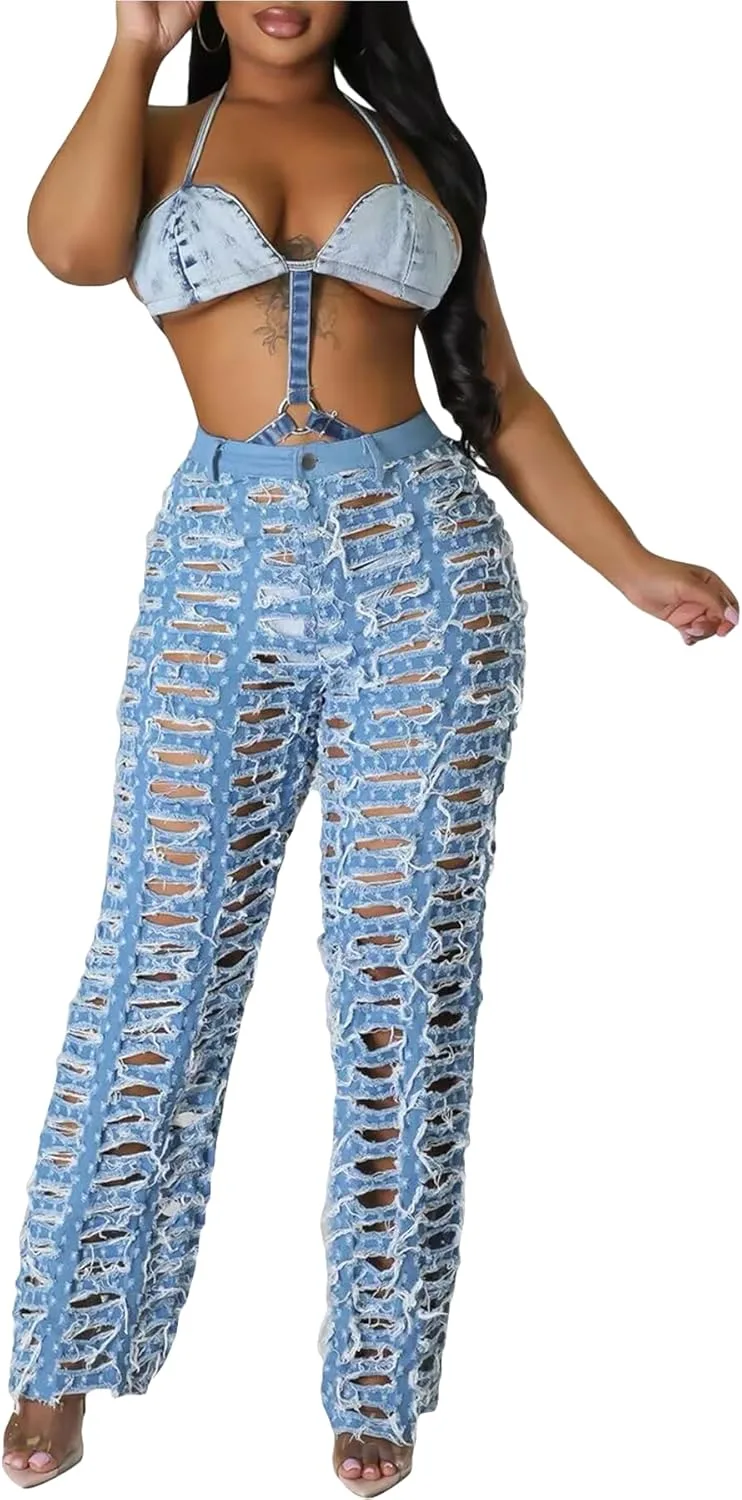 

Ptorlio Женские рваные джинсы Straight Leg High Waisted