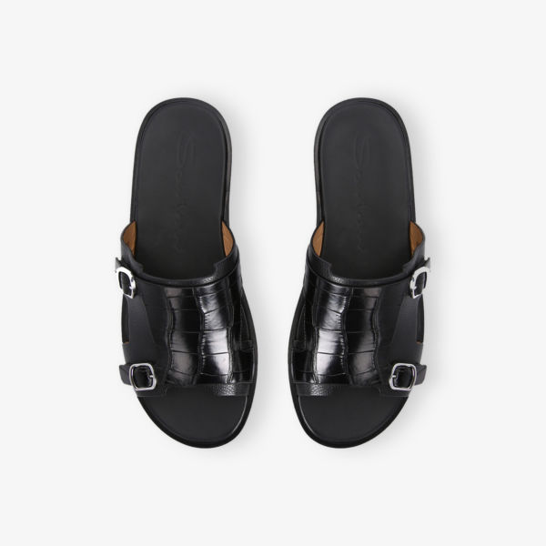 Мужские сандалии Santoni кожаные с двойной пряжкой и эффектом крокодиловой кожи, черный — фото 2