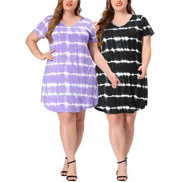 

Женская плюс сайз v-образный вырез короткий рукав тай-дай миди туника-рубашка Agnes Orinda, Light Purple Black