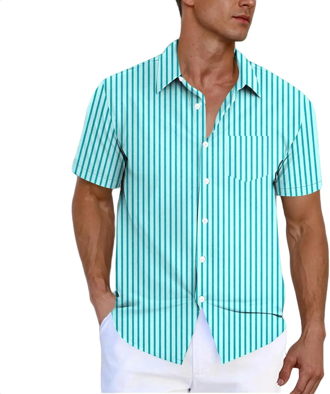 

Мужская полосатая рубашка с коротким рукавом и карманом