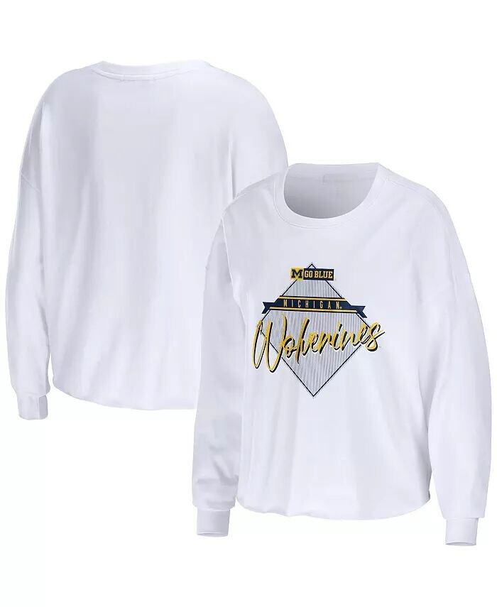

Женская укороченная футболка с длинными рукавами белого цвета Michigan Wolverines Diamond Wear By Erin Andrews