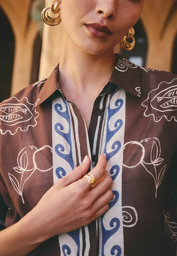 Рубашка Regular fit, Next, chocolate brown border print, шоколадно-коричневый с принтом — фото 2