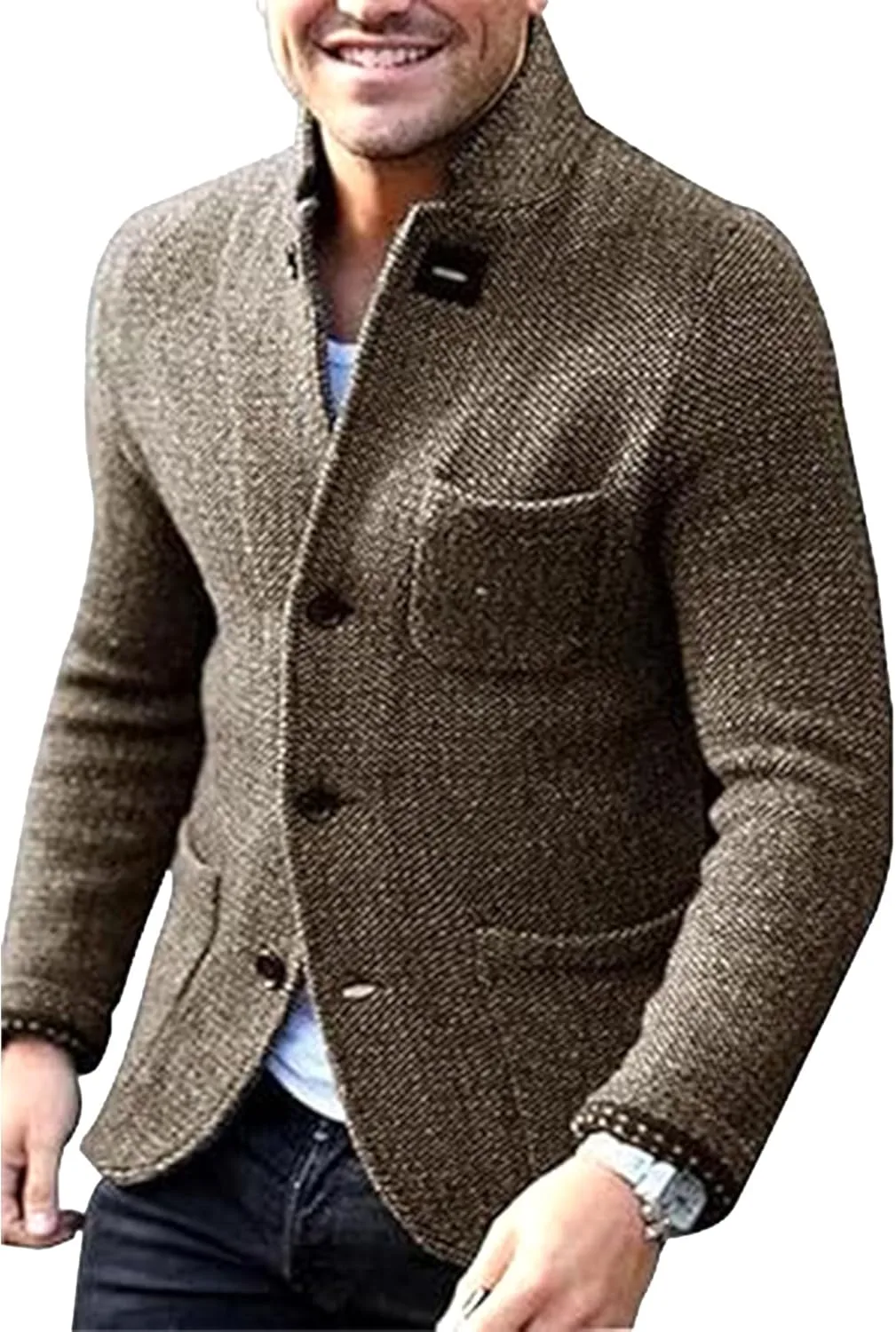 

Мужской кардиган с воротником стойкой slim fit с косой вязкой Maiyifu-GJ