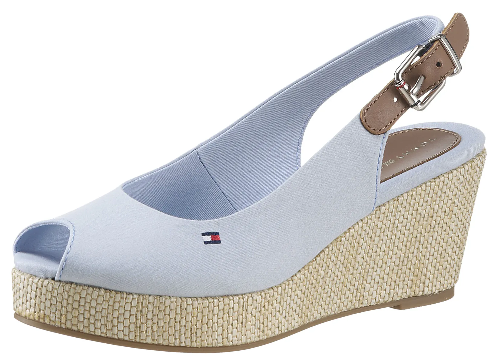 

Сандалии Tommy Hilfiger "ICONIC ELBA SLING BACK WEDGE", летняя обувь, босоножки, танкетка, с джутовой отделкой, голубой