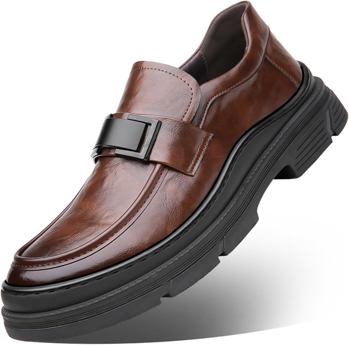 

Мужские кожаные массивные слипоны-пенни лоферы с платформой, классический круглый носок, деловые повседневные формальные туфли Abborora, коричневый