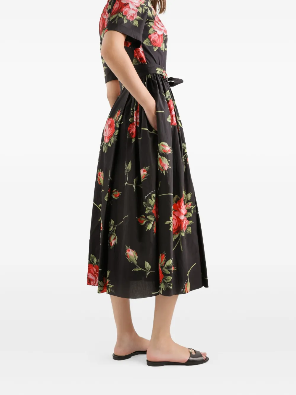 Платье миди с поясом и цветочным принтом Dolce & Gabbana, черный — фото 4