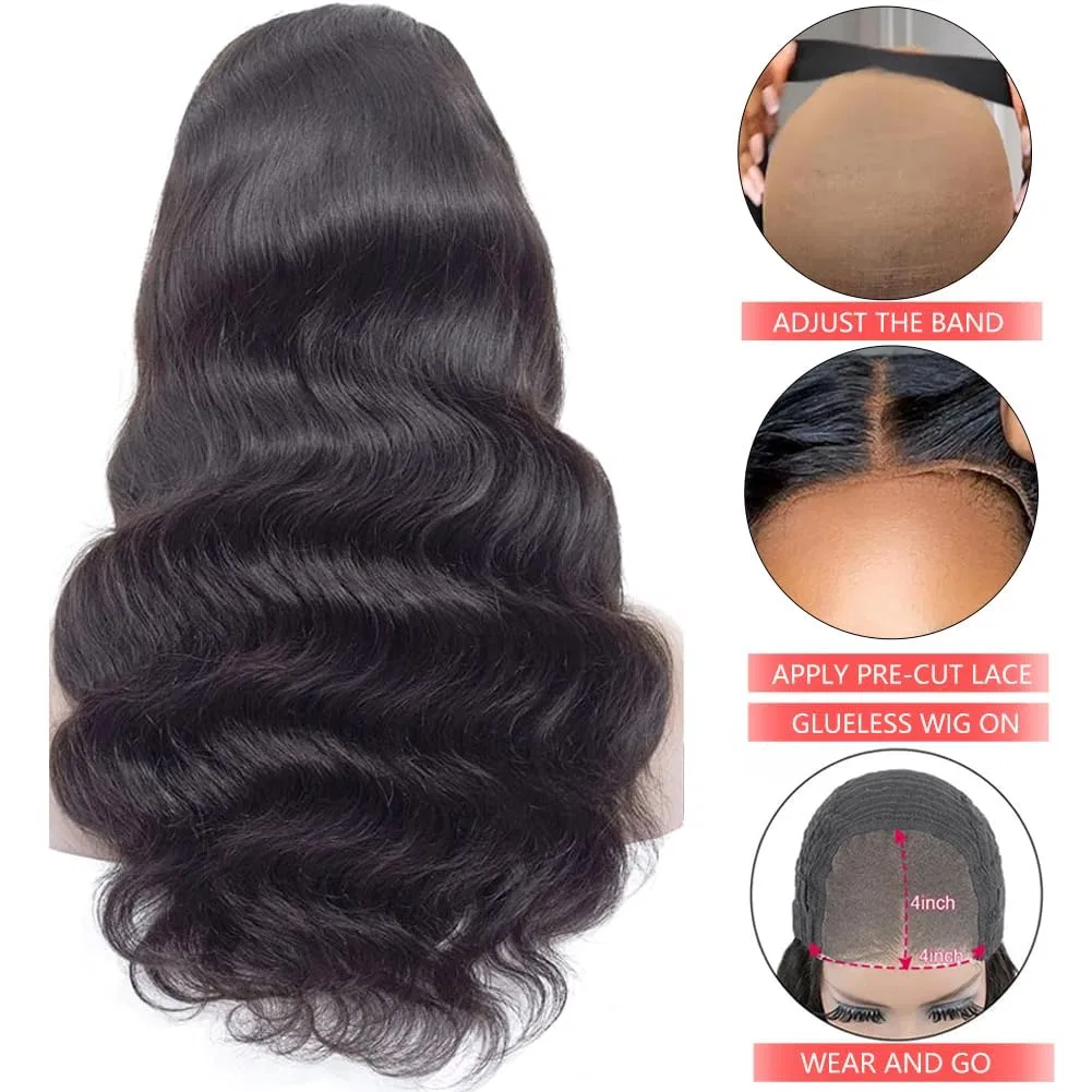Парик Glueless Human Hair Pre-Cut Lace Body Wave, 180% плотность, 4x4 HD Lace Front, 45.7 см Wenyan, (Natural Color 1B#) — фото 2