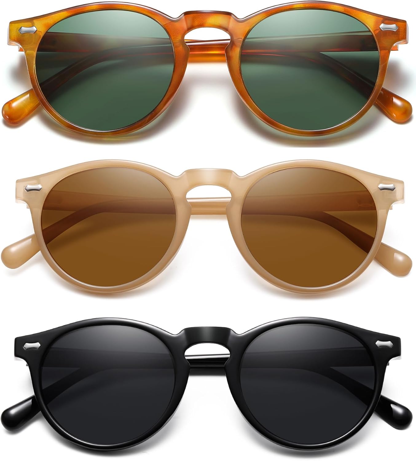 

Ретро маленькие круглые поляризованные солнцезащитные очки для женщин в винтажном стиле, защита от УФ-излучения YMRFW, 3pack (Black/Gray+milk Coffee/Tea Lens+leopard Print Orange Frame/G15 Lens)