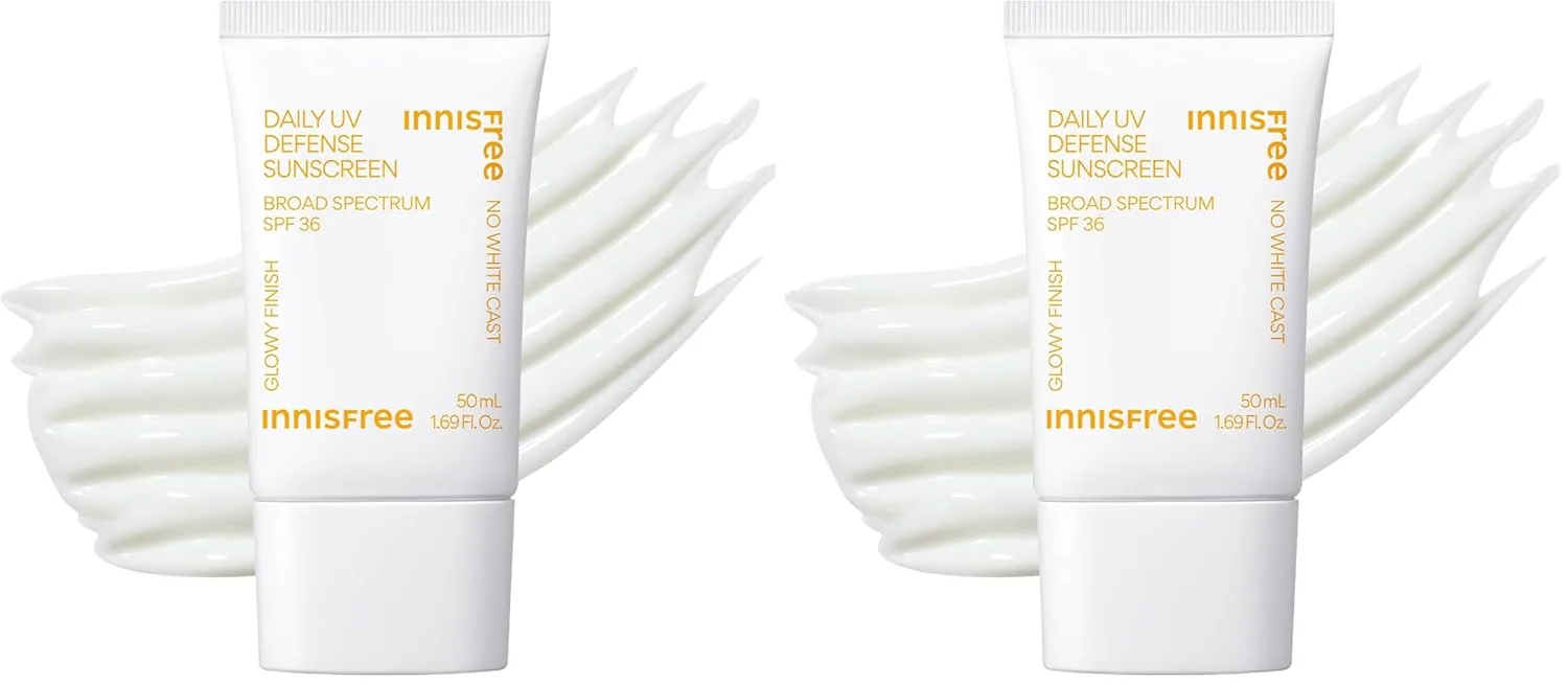Innisfree Daily UV Defense SPF 36 - корейский солнцезащитный крем для лица, невидимый финиш, широкий спектр защиты, не оставляет белых следов, легкая текстура, увлажняющий (упаковка из 2 шт.), Clear