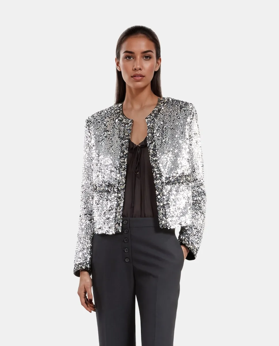 

Женский прямой жакет с пайетками и жемчугом The Kooples, серебряный