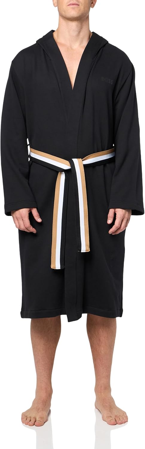 

Халат мужской BOSS из френч-терри с хлопком и фирменным поясом с флагом, Black Currant