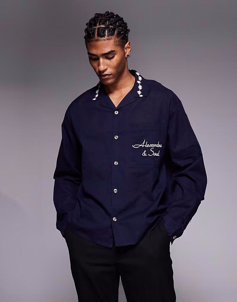 

Рубашка Revere с принтом и вышивкой черного цвета Asos Design