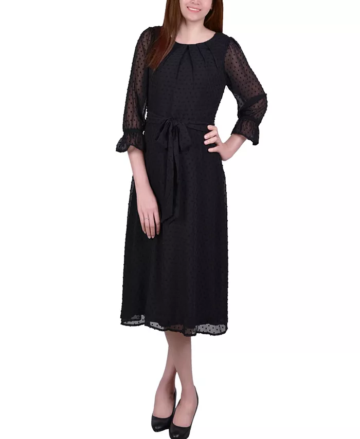

Миниатюрное платье в горошек с рукавами 3/4 и поясом NY Collection, черный