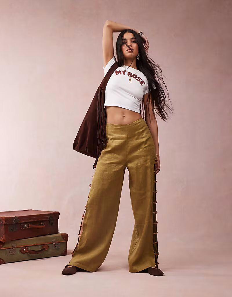 

Льняные брюки tia с отделкой бисером в оливковом цвете Vrg Grl