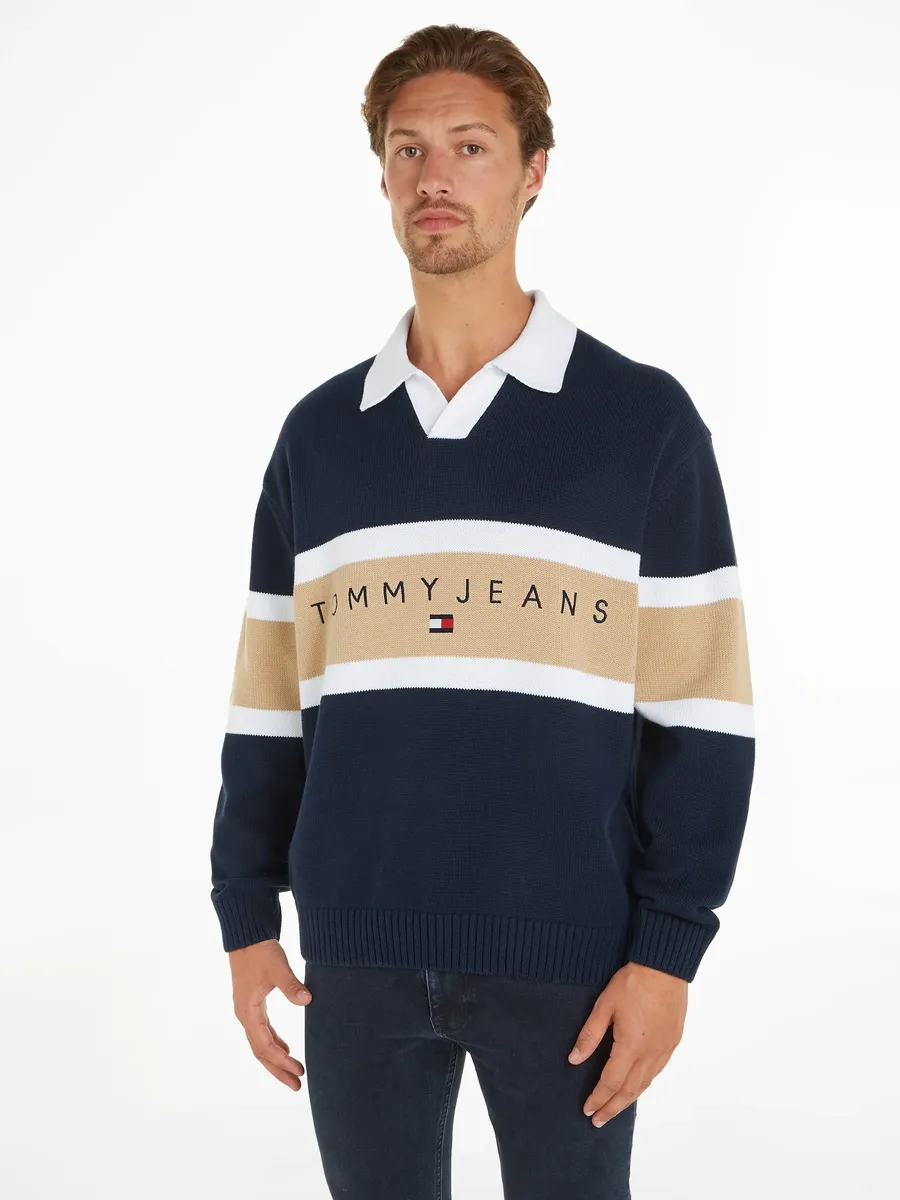 

Вязаный свитер Tommy Jeans "TJM RLX TROPHY NECK RUGBY", с V-образным вырезом, синий