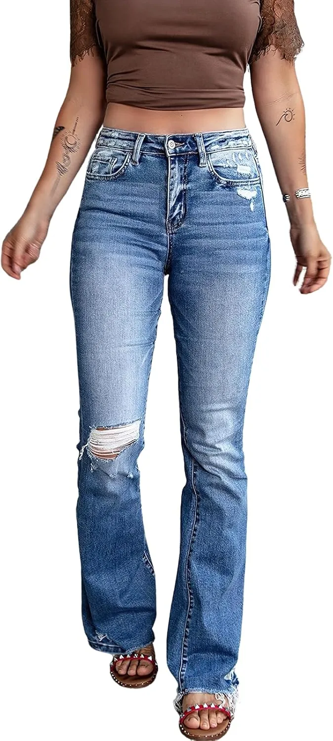 

Женские джинсы с потертостями и разрывами, высокая талия, широкие штанины, слегка тянущиеся ebossy