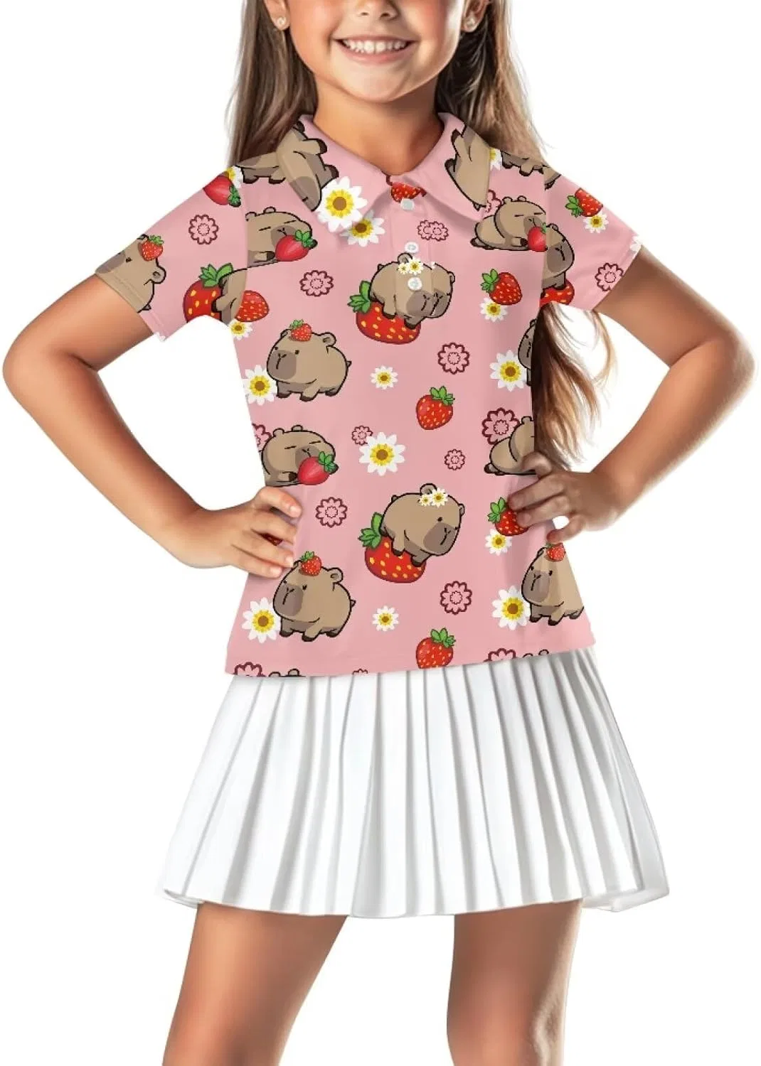 Детское поло с коротким рукавом, влагоотводящее, Cndexd, Capybara Strawberry