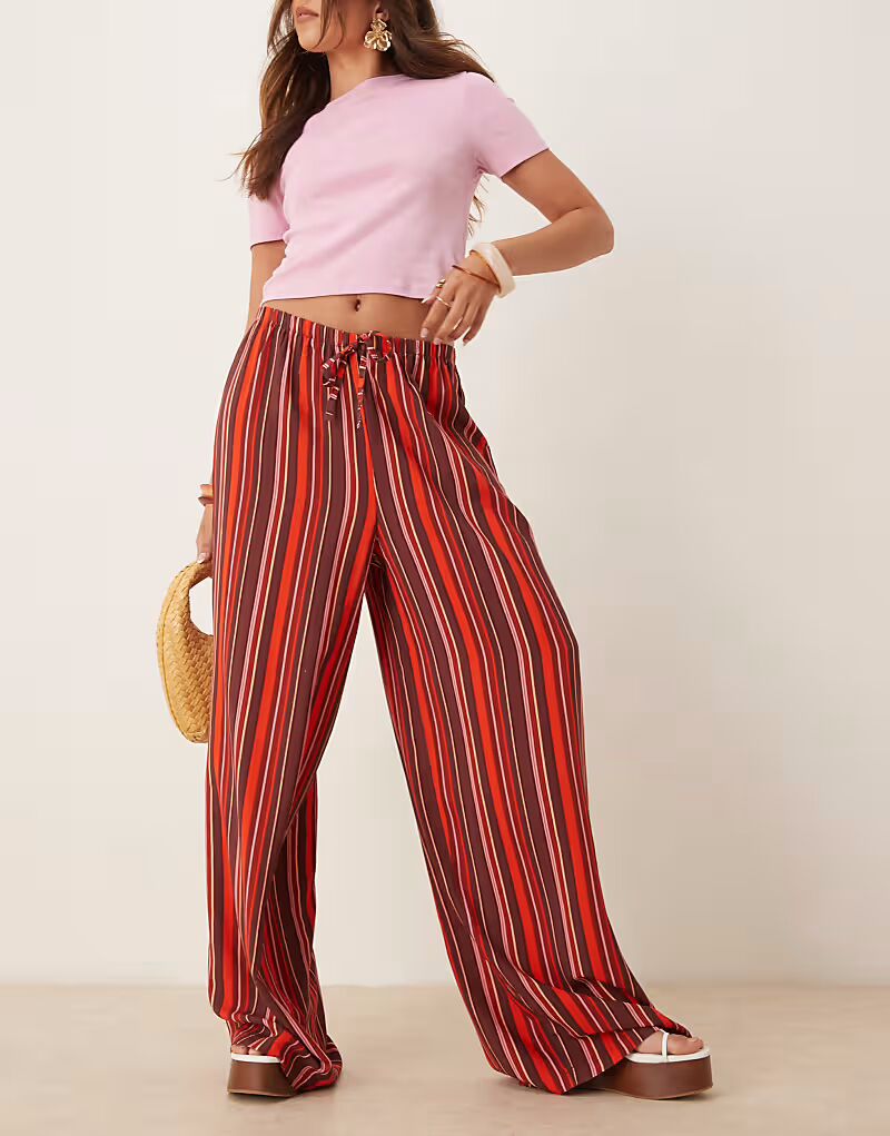 

Широкие брюки ASOS DESIGN из льняной смеси в темно-бордовую полоску с застежкой