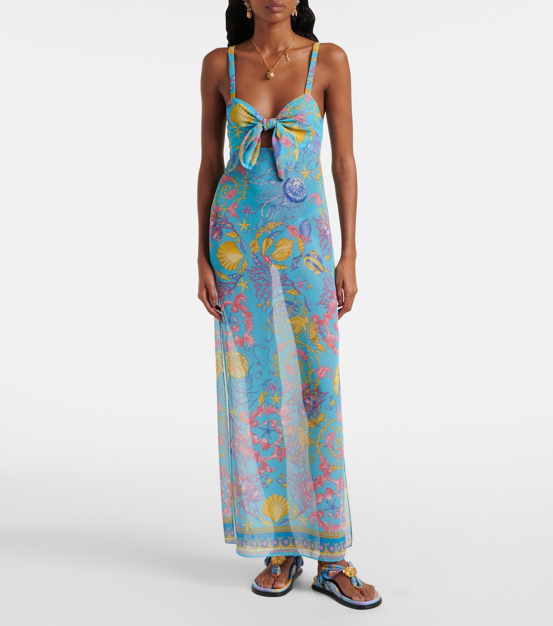 Полупрозрачное макси-платье с ажурной вышивкой Versace, Azur+Multicolor — фото 2