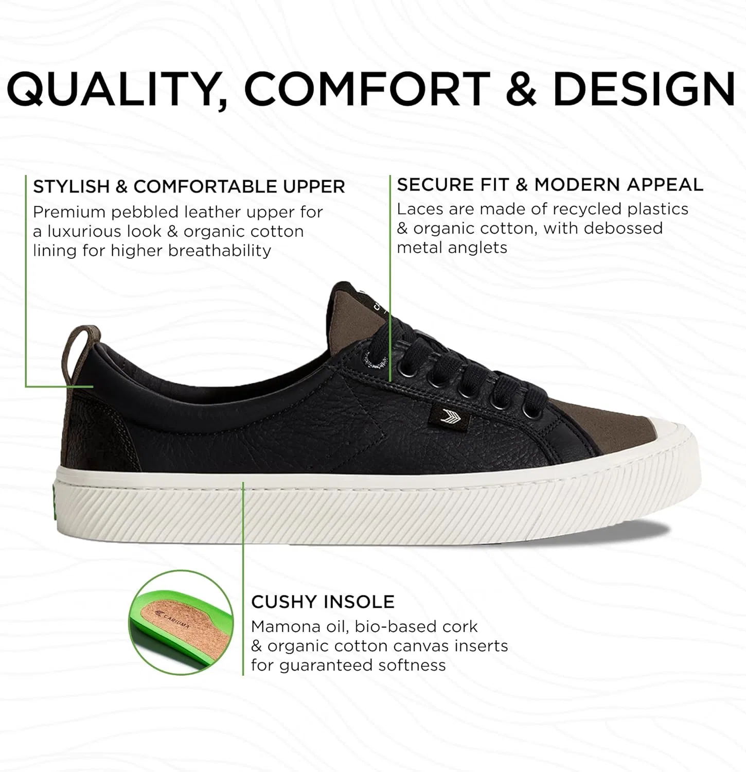 Кроссовки Cariuma OCA Low Premium из высококачественной кожи, удобная мужская обувь, легкая и экологичная, универсальная повседневная обувь со 100% веганской стелькой, резиновая подошва, Black Khaki — фото 2