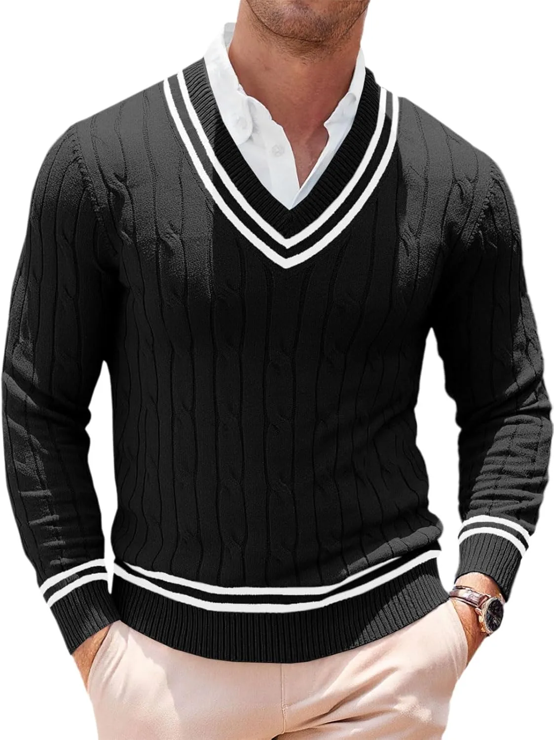 

Runcati мужской свитер с V-образным вырезом, кабельная вязка, slim fit