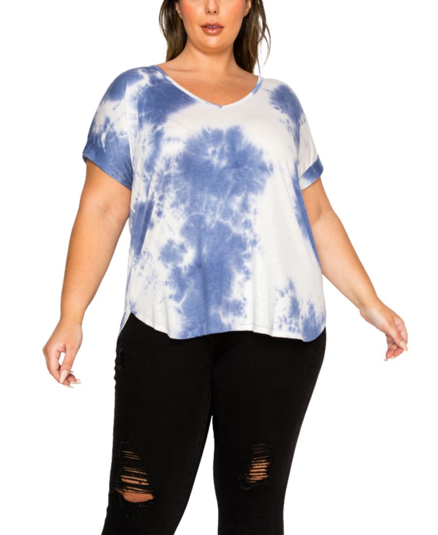 

Футболка большого размера с V-образным вырезом, закатанными рукавами и принтом тай-дай, модель "летучая мышь" COIN 1804, Blue, Ivory