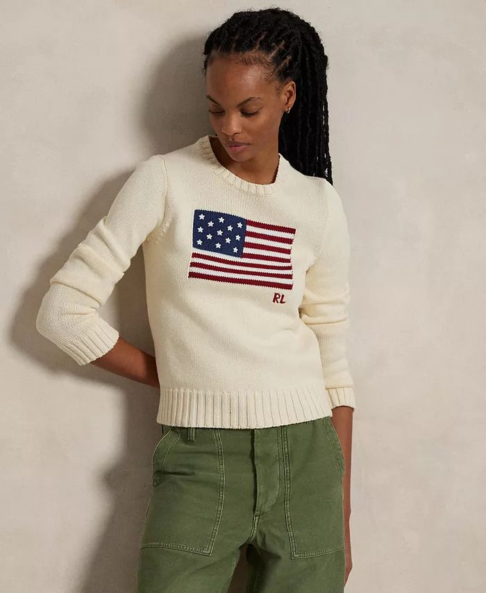 

Женский хлопковый свитер с круглым вырезом Flag Polo Ralph Lauren, коричневый/бежевый