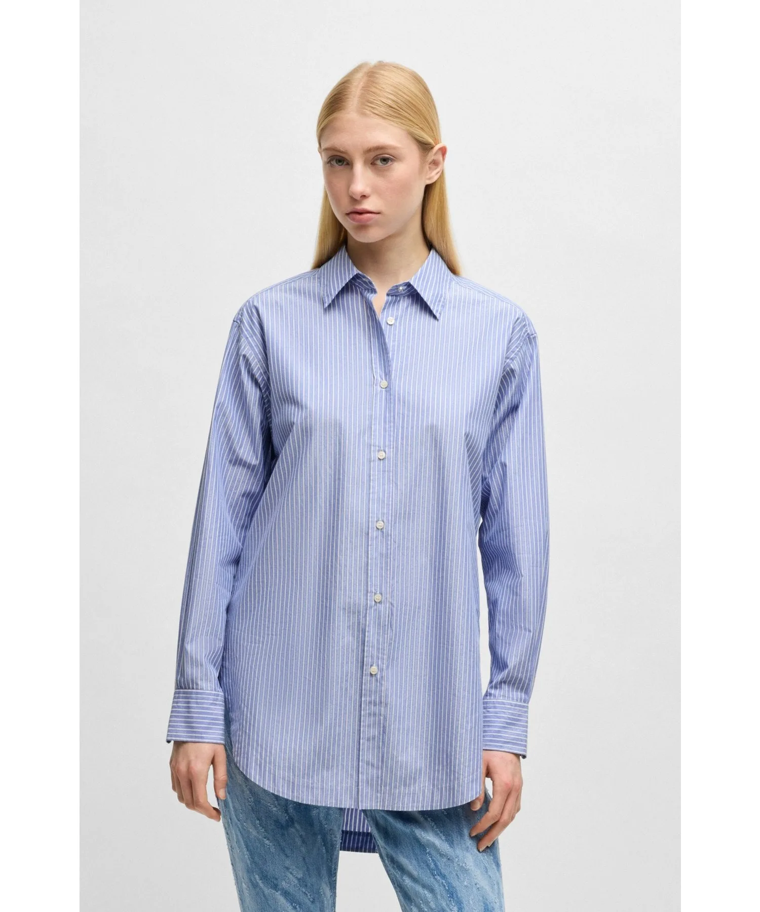 Женская блузка из хлопка Relax Fit Cotton Poplin BOSS Orange синяя