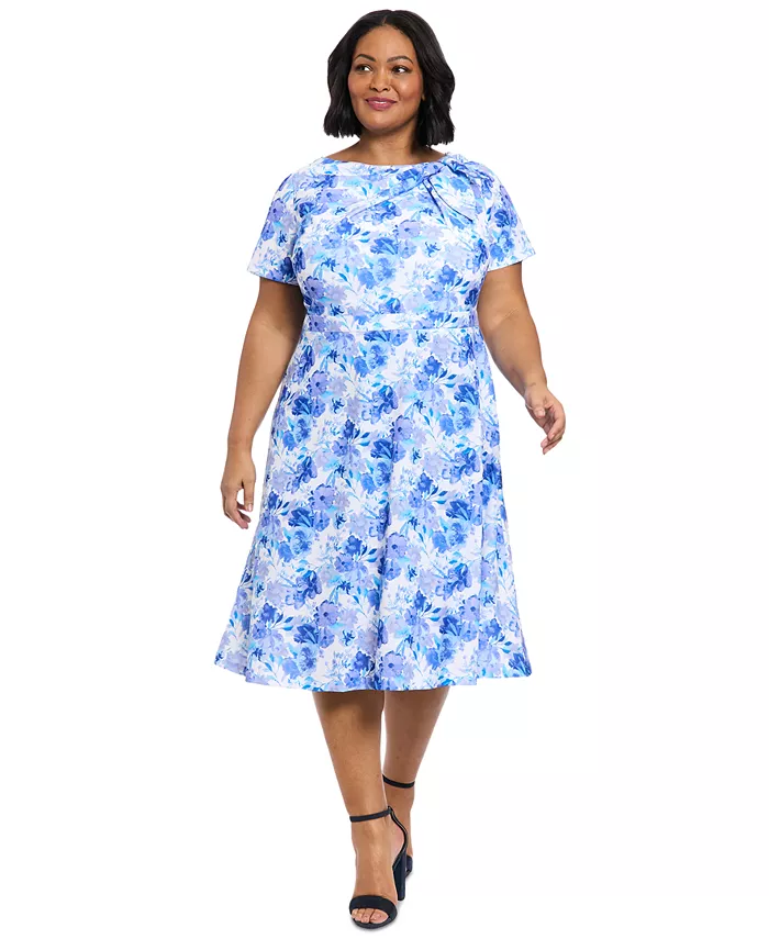 

Платье с цветочным принтом и бантом Plus Size Fit & Flare London Times, синий