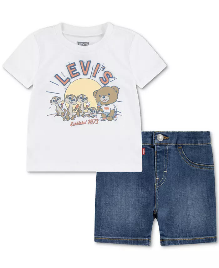 

Детский комплект: футболка с принтом и джинсовые шорты, 2 предмета Levi's, коричневый/бежевый