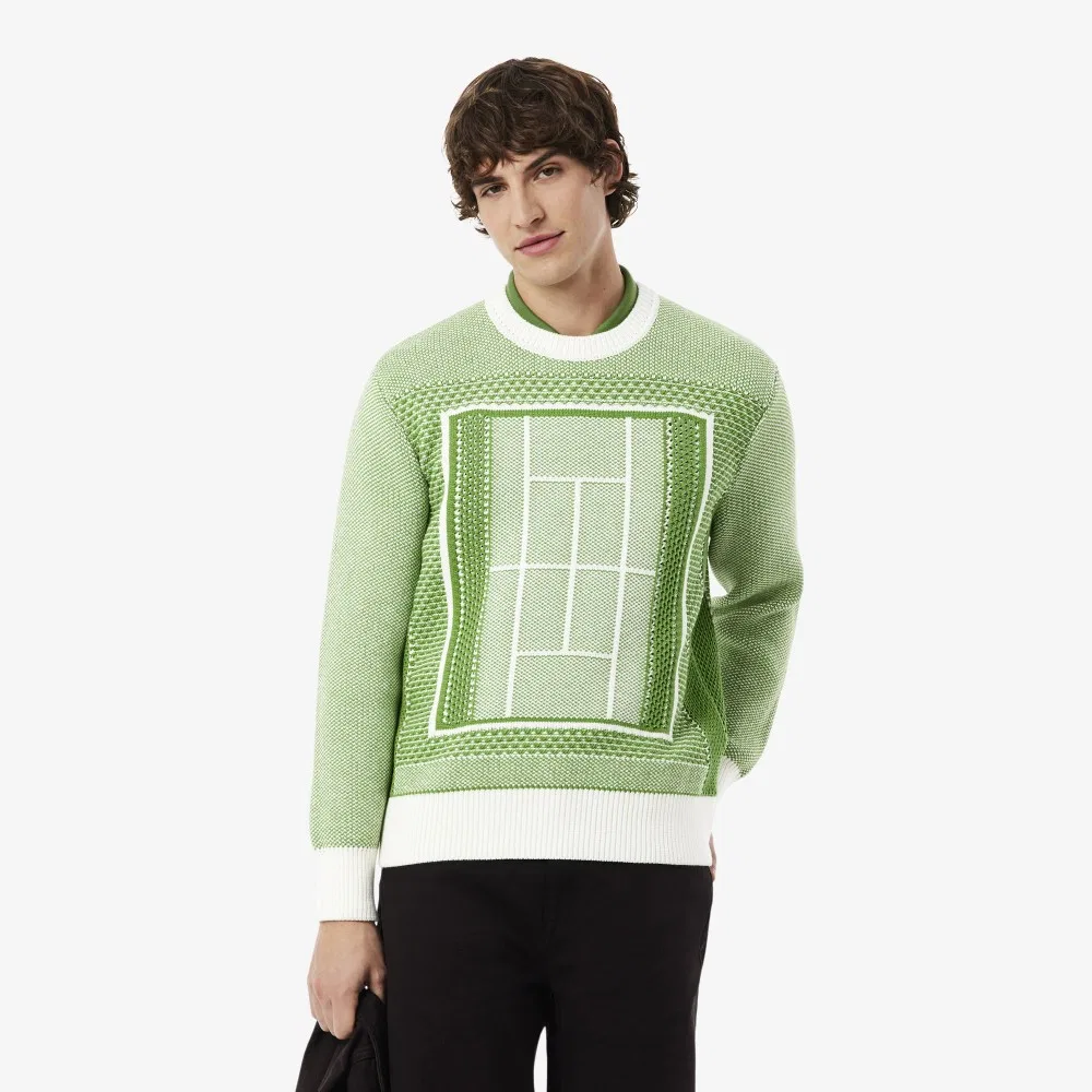 Мужской джемпер с жаккардовым узором «теннисный корт» зелёный от Lacoste
