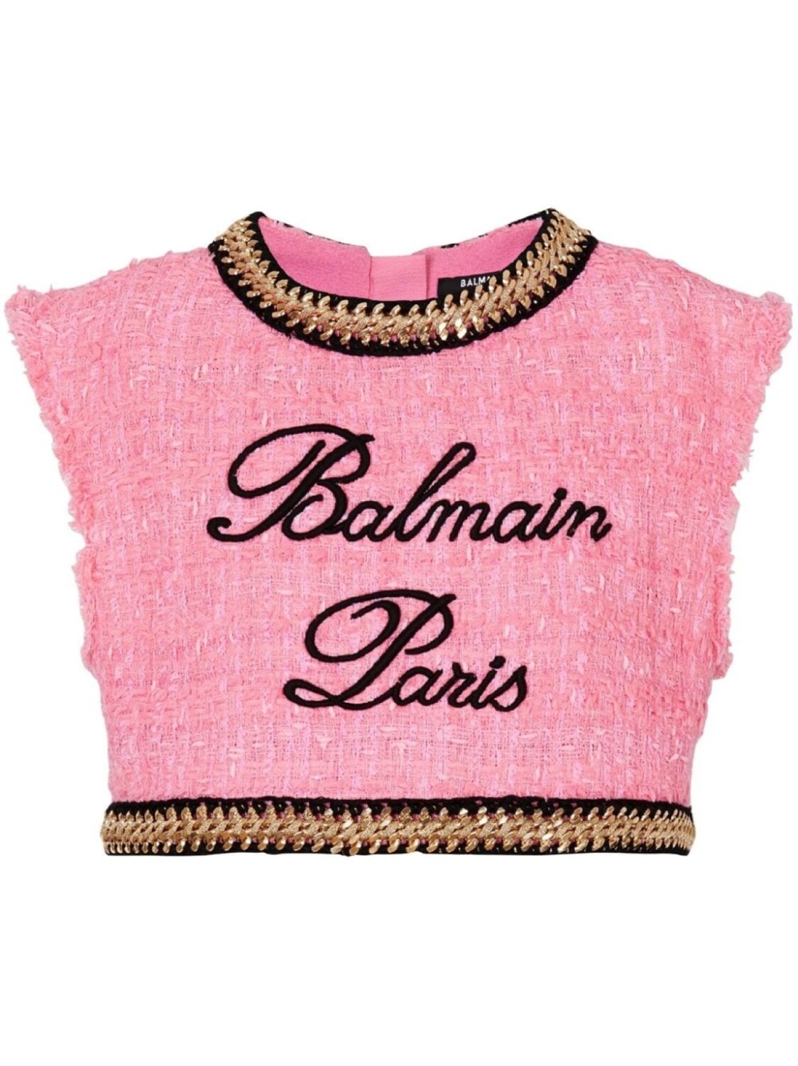 

Balmain укороченный твидовый топ с вышитым логотипом, розовый