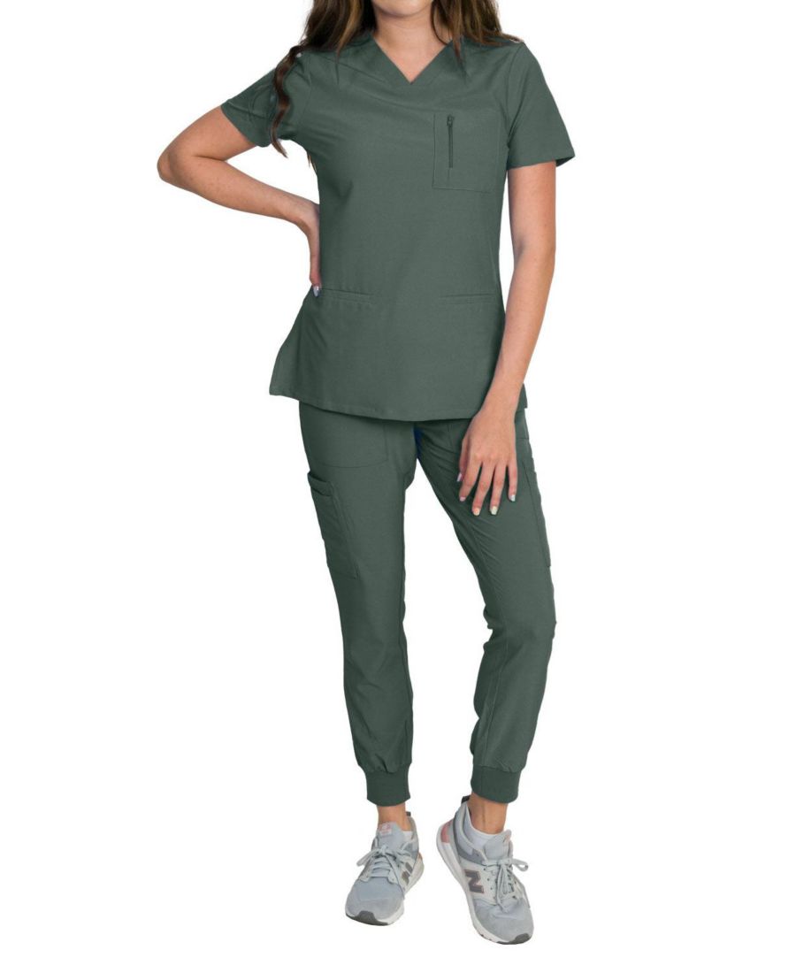 

Женский медицинский комплект Fleur Stretch с топом на молнии с нагрудным карманом и джоггерами с трикотажными ребристыми манжетами Medgear, Seaweed