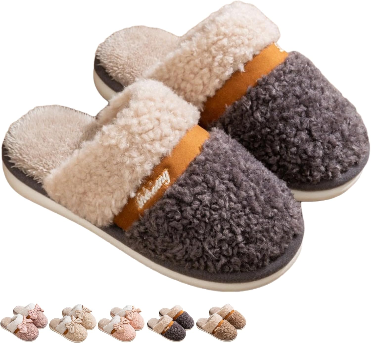 

Домашние зимние теплые хлопковые тапочки с бантом для женщин и мужчин, пушистые домашние тапочки с бантом, противоскользящие домашние тапочки для спальни, уютные тапочки для мужчин и пар Iwhgrmp, серый