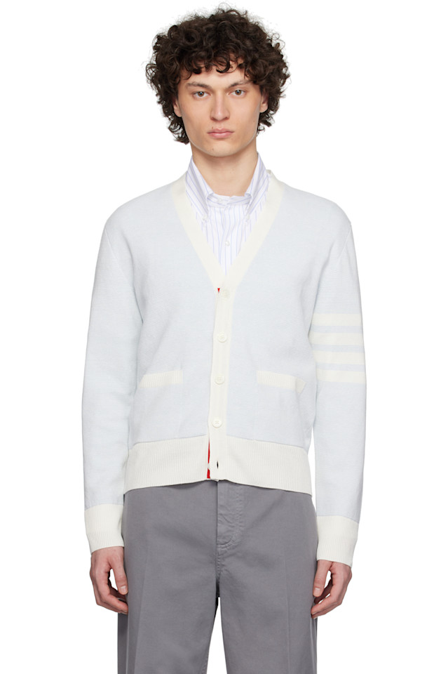 

Кардиган свободного кроя из льна и хлопка с 4-полосным узором Thom Browne, синий