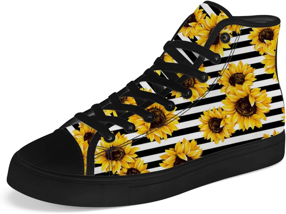 

Мужские и женские высокие кеды из холщовой ткани с рисунком подсолнуха, высокие кроссовки на шнуровке, повседневная обувь, подарки для мужчин и женщин Chebing, желтый