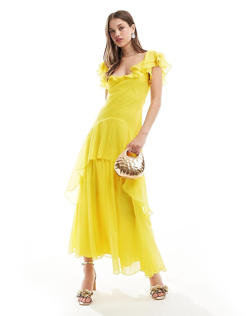

ASOS DESIGN – желтое платье миди с рюшами и расклешенными рукавами