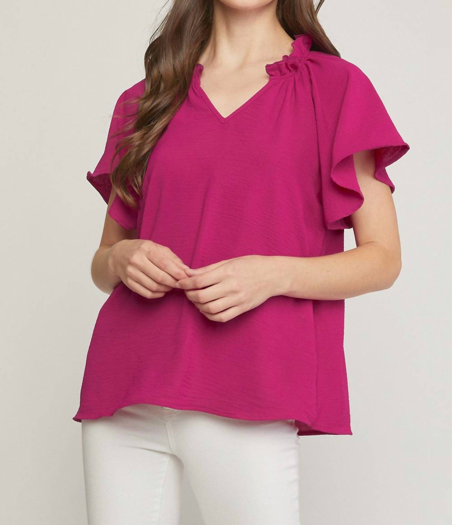 

Блузка с воланами и расклешенными рукавами в пурпурном цвете Entro