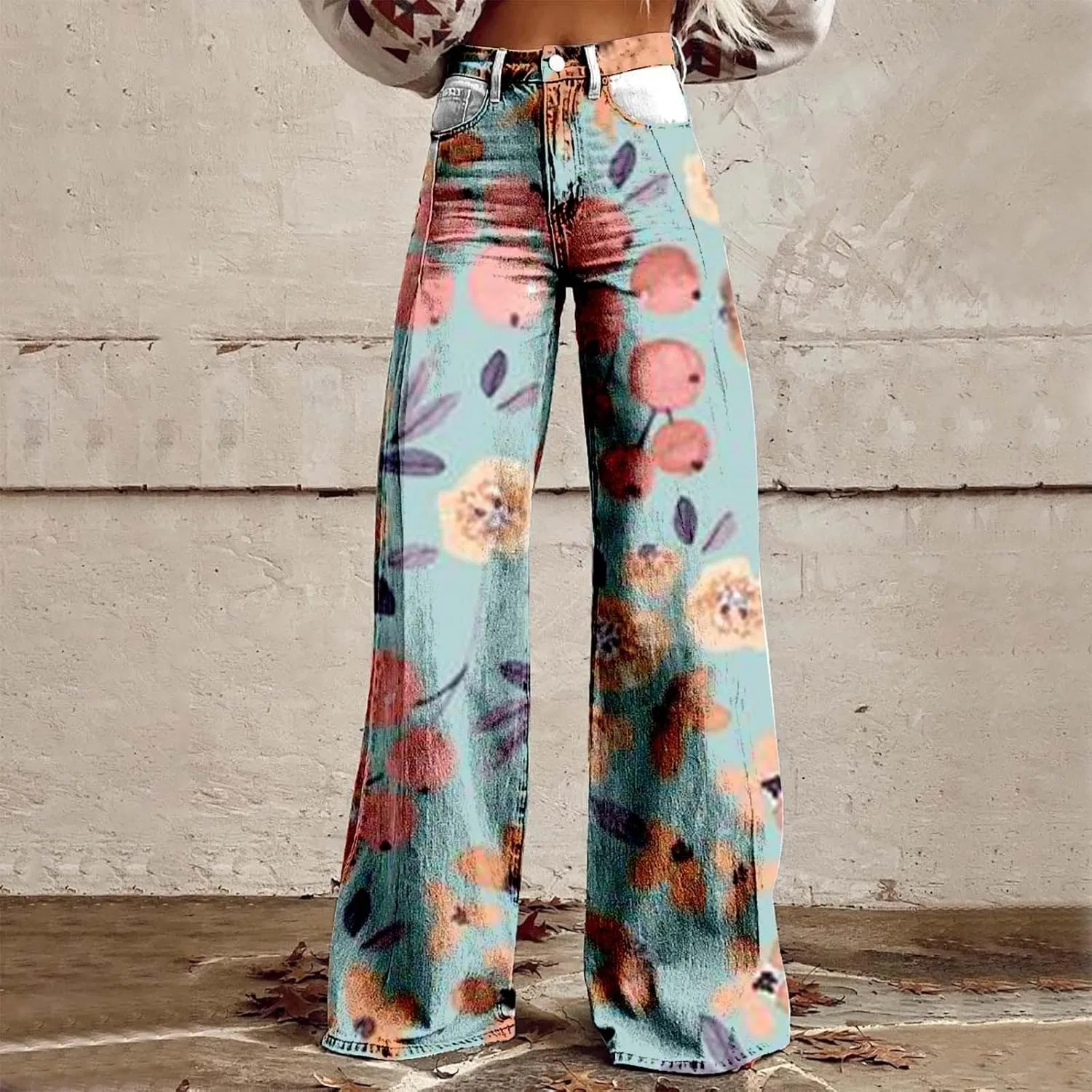 Джинсы Flare Wide Leg, принт, синий — фото 2