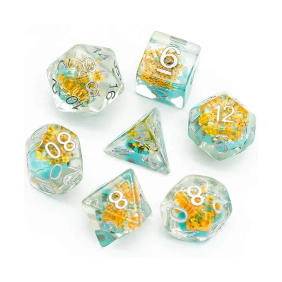 

Набор Poly — желтые цветы с синим черепом и серебром (7), Dice Sets - Resin/Acrylic - Rainbow & Multi-Colored (Foam Brain Games)