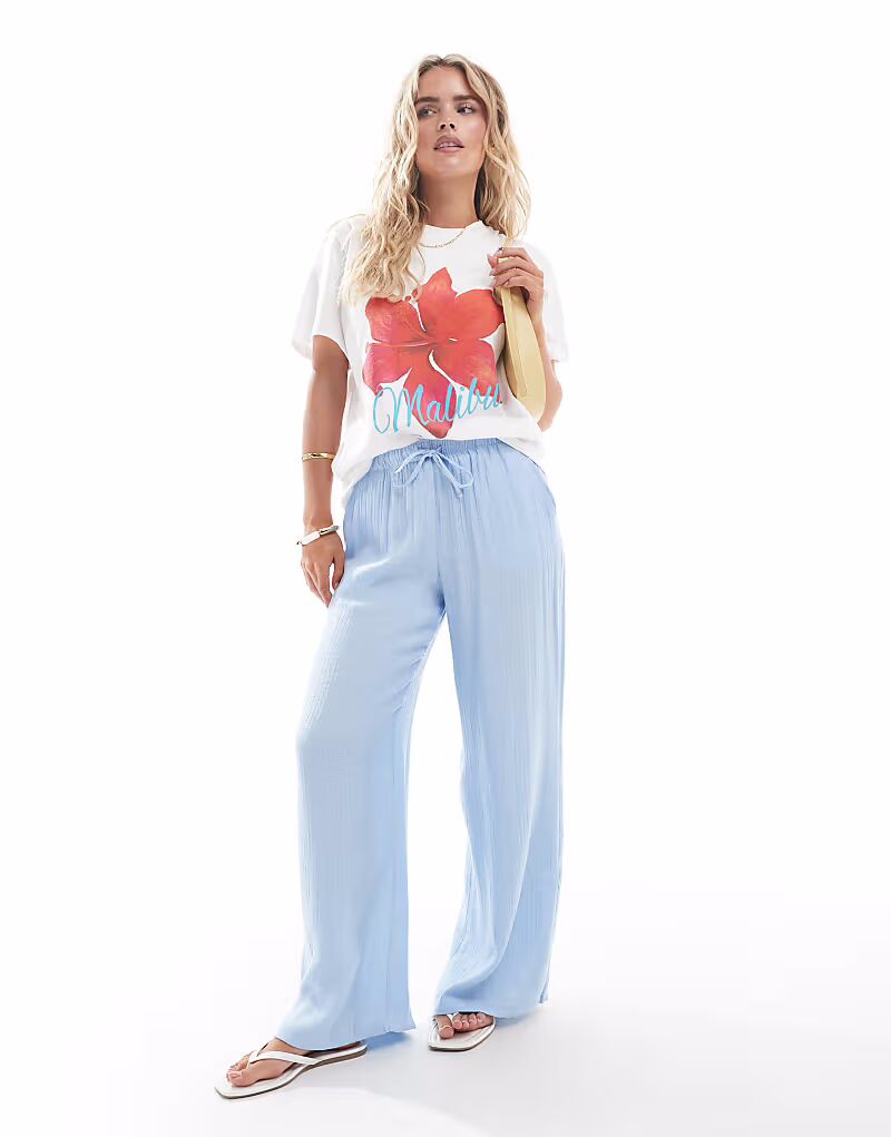 

Stradivarius Petite льняные брюки с эффектом жатого кроя, синие
