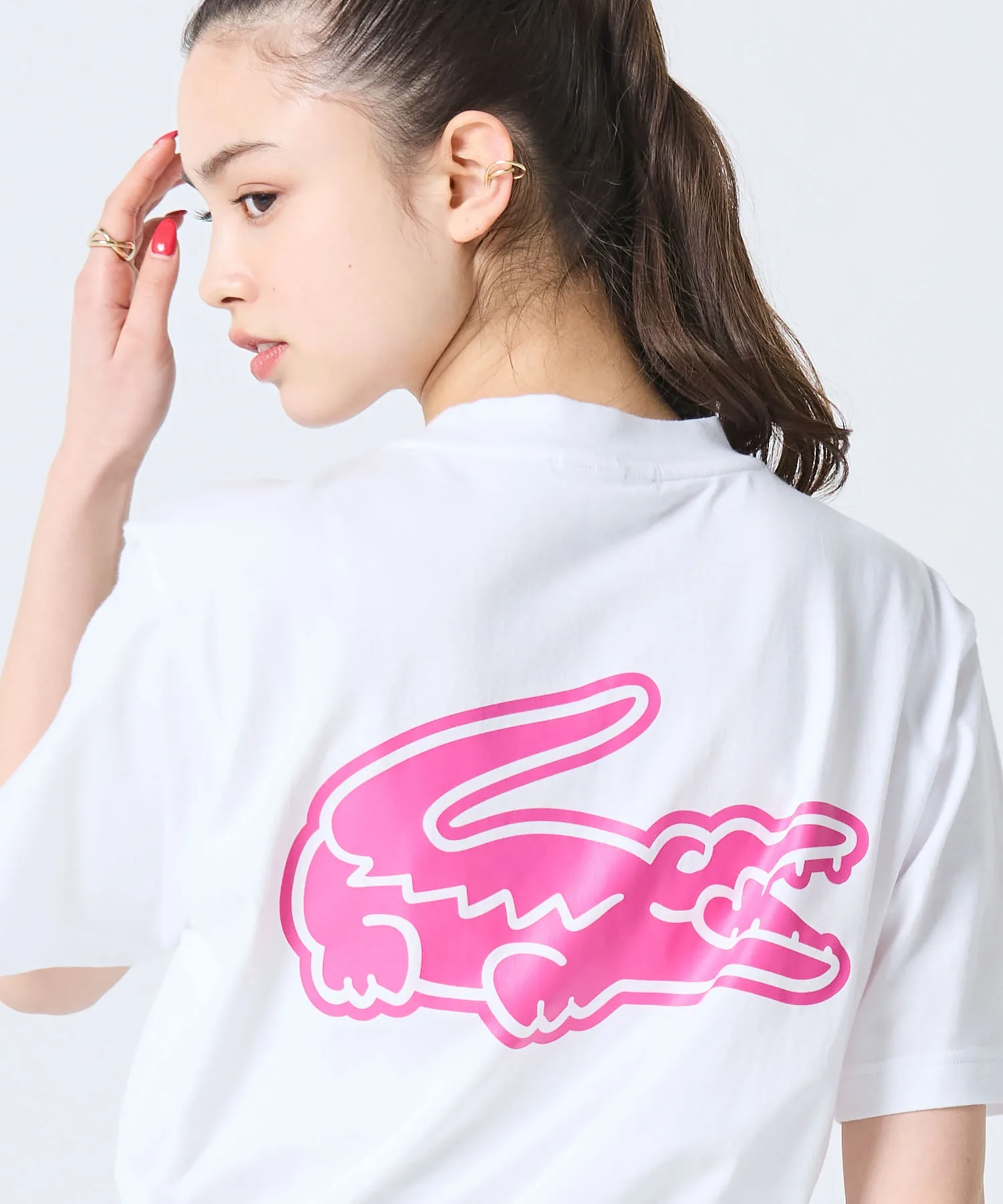 Унисекс футболка оверсайз с принтом LACOSTE белый с розовым — фото 3