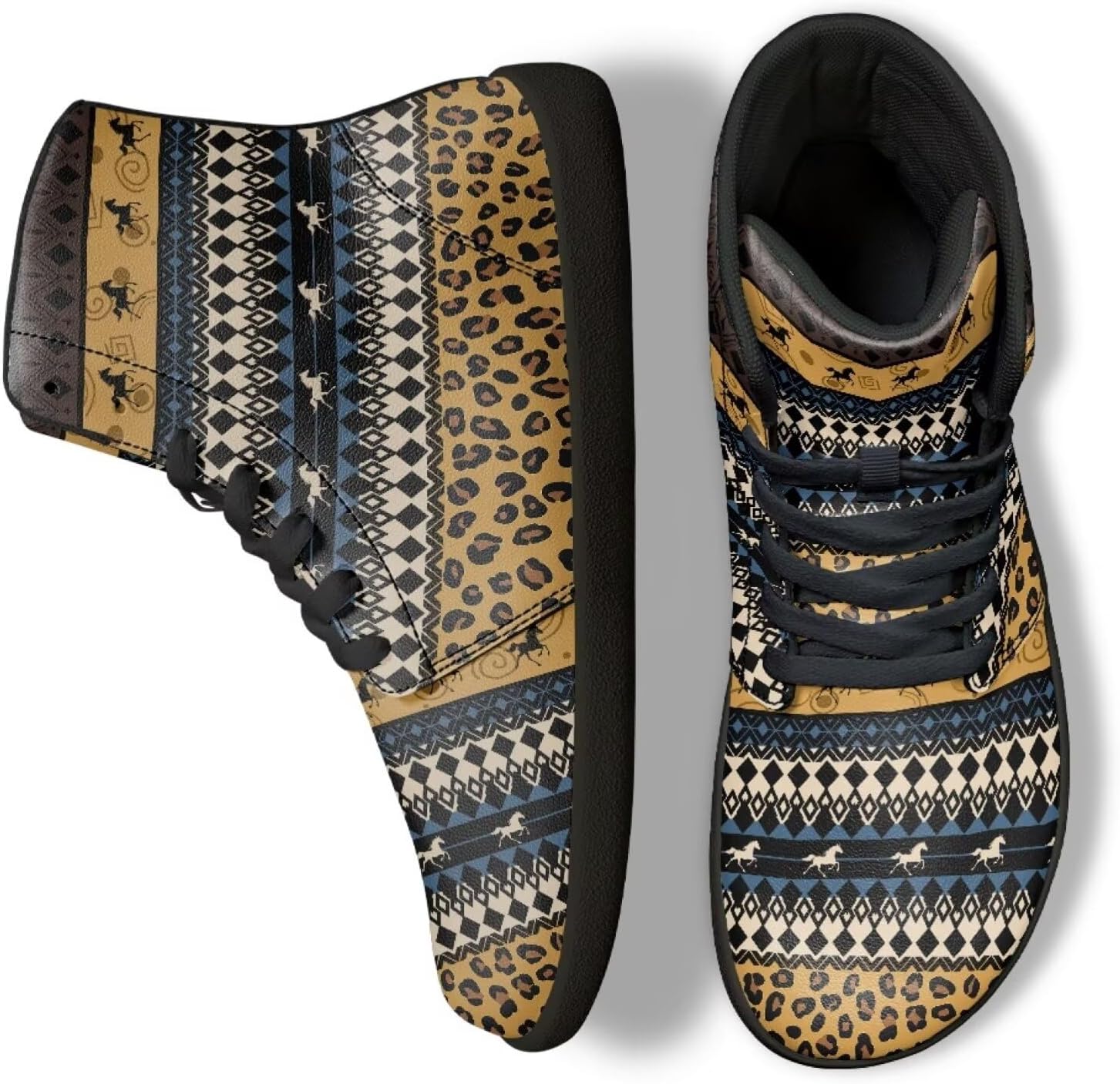 

Кроссовки Binienty High Top Barefoot для женщин и мужчин, модные с нулевым перепадом, водонепроницаемые походные ботинки из ПУ-кожи, Aztec Leopard Print Horse